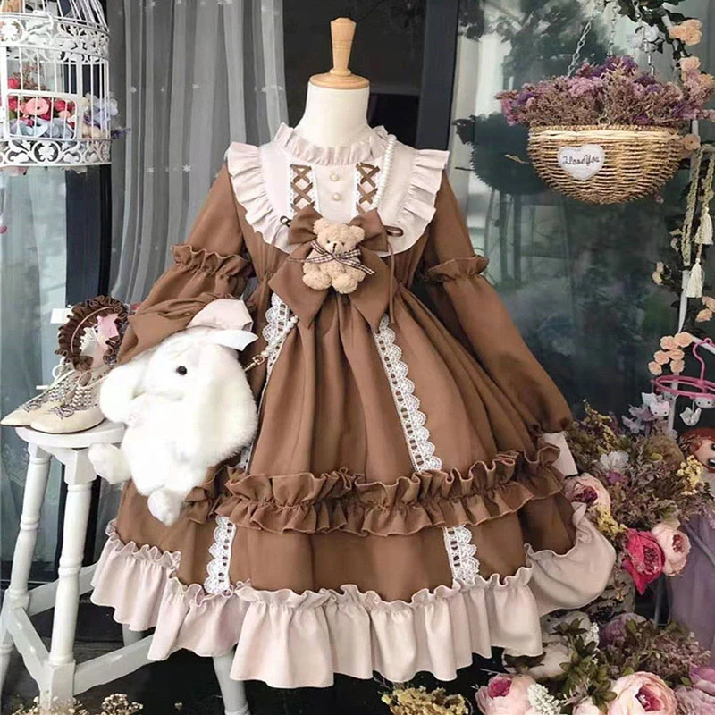 Gaun Anime Lolita Gaun Kawaii Beruang Busur Renda Wanita Gaun Putri Lengan Panjang Hadiah Kostum Halloween untuk Pesta Anak Perempuan