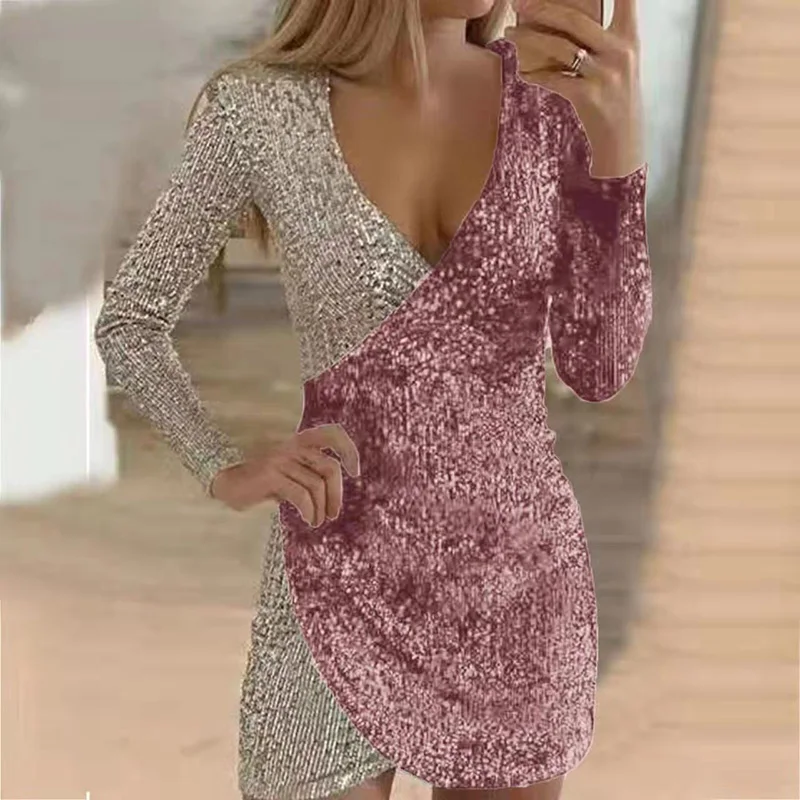 Elegant Women Sexy V Neck Patchwork Mini Dress Long Sleeve Hollow Solid Party Club Dress Lady Sheath 2025 Spring Sequins Dress