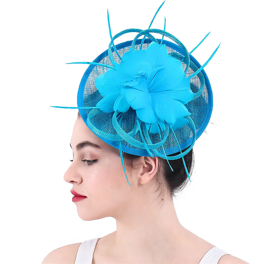 

Turquoise Fashion Chic Fascinator Hat Sinamay Wedding Women Headpiece Feather Flower Headband Chapeau Cap Bride New Chapeau Cap