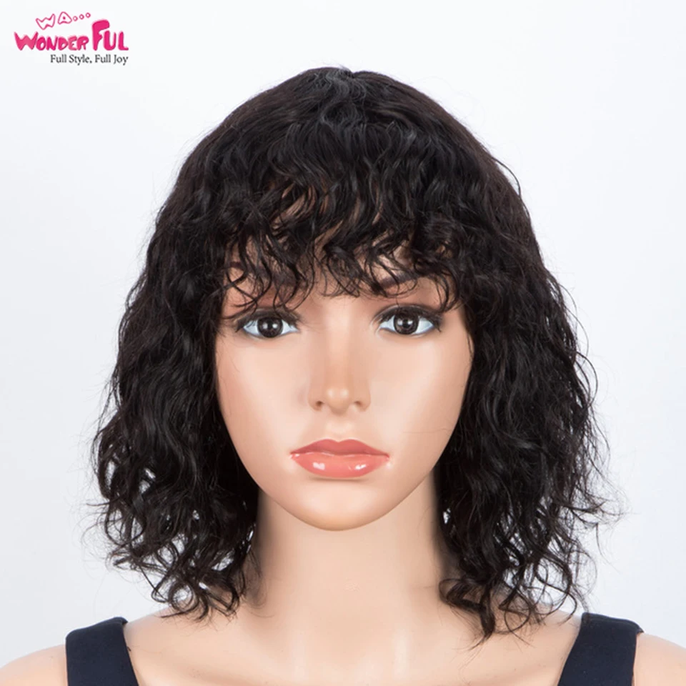 Wonderful Fashion Short Curly Bob Wig Human Hair Affordable Full Machine Made Remy Hair Wig With Bangs Glueless free shipping