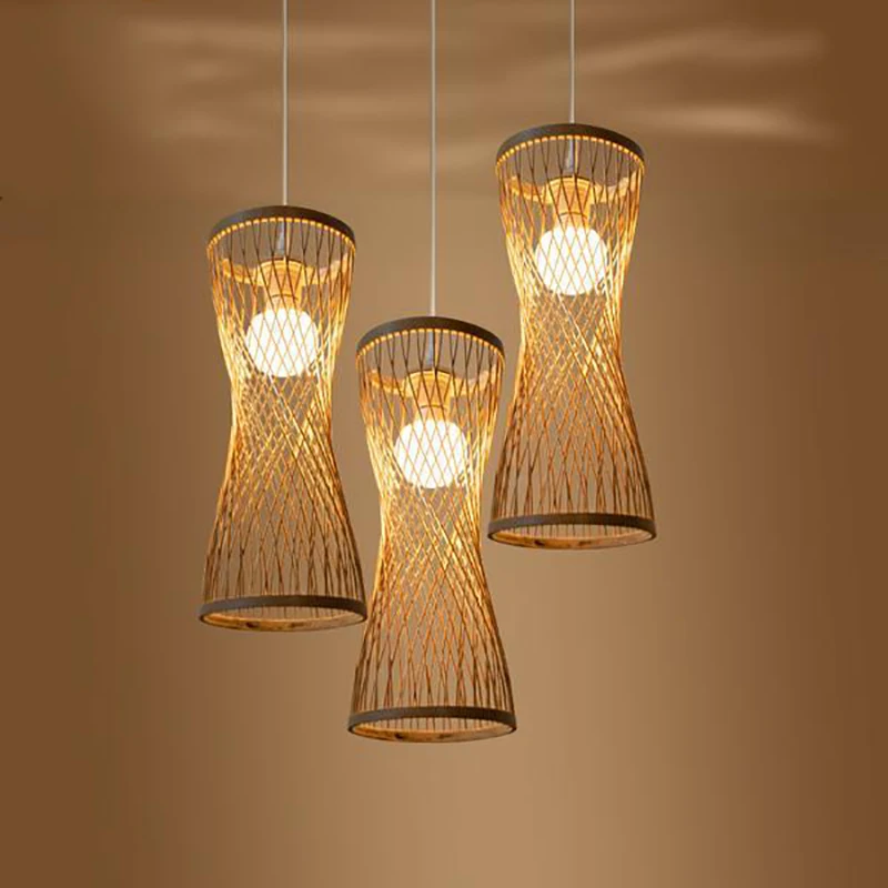 Chinese Style Rattan Woven Hanging Light Hand Knitted Bamboo Lampshade Chandelier Dinning Room Kitchen E27 Pendant ​Light