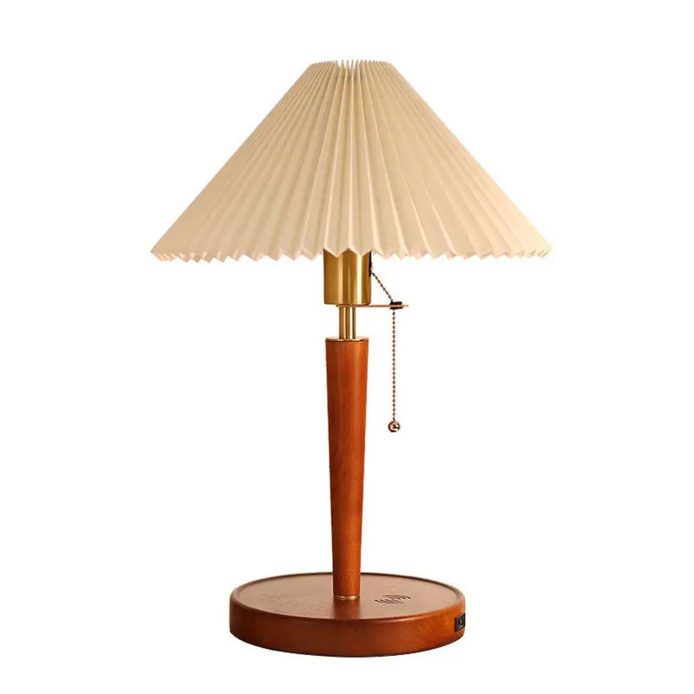 Japanese Retro Wooden Table Floor Lamp Pleated Fabric Shade Vintage Pull Chain Desk Standing Light for Bedside Living Room