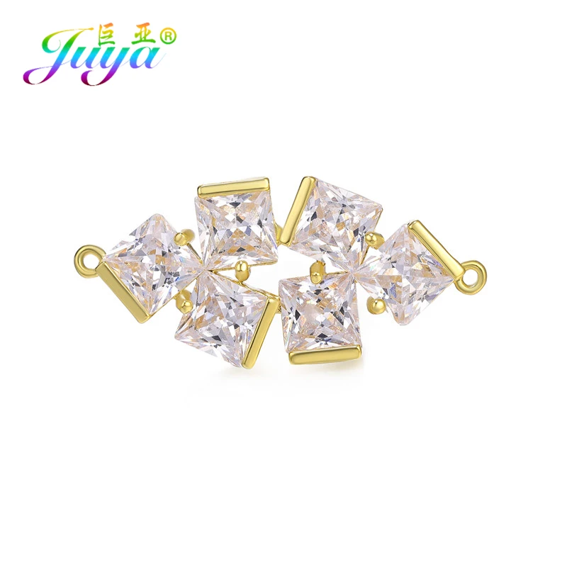 Juya DIY Bracelet Earrings Jewelry Making Supplies Handmade Cubic Zirconia Flower Geometric Rhombus Charm Connectors Accessories