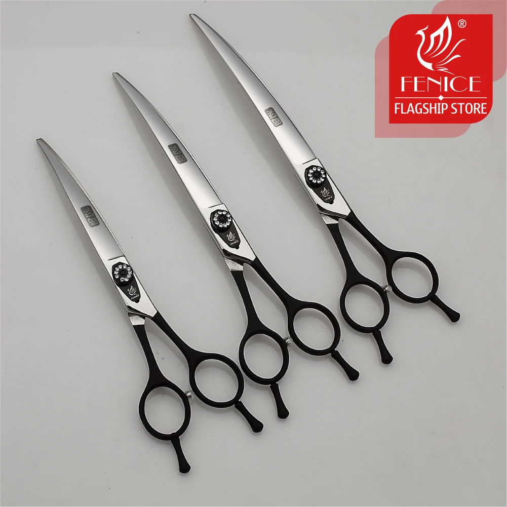 Fenice Professional Black Grooming Scissors, cisalhamento curvo para Teddy, Pomeranian Dogs, Pet Grooming Tools, JP 440C, 7.0 7.5 8.0"