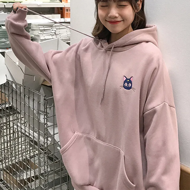 Women Sweatshirts Sailor Moon Cat Pink Embroidered Hoodies Female Kawaii Korean 2020 Spring Loose Sweatshirt Hooded Pullovers