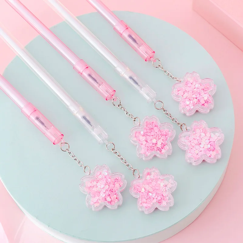 2 pezzi penna carina fiori di ciliegio ciondolo sabbie mobili paillettes cancelleria Kawaii scrittura Gel penna studente 0.38mm inchiostro nero