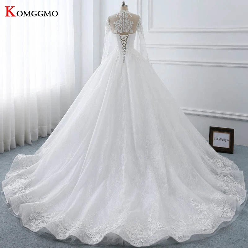 Luxo alta pescoço capela trem bordado apliques tule vestido de baile nupcial foto real botão manga cheia voltar vestido de casamento