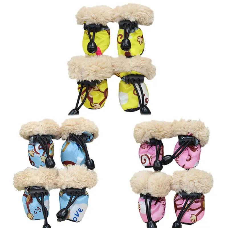 4pcs Winter Dog Puppy Shoes Pet Cartoon Printed Soft-soled Boots Pet Dog Shoes Waterproof Fleece Shoes Pet Paw Care Supplies  Y