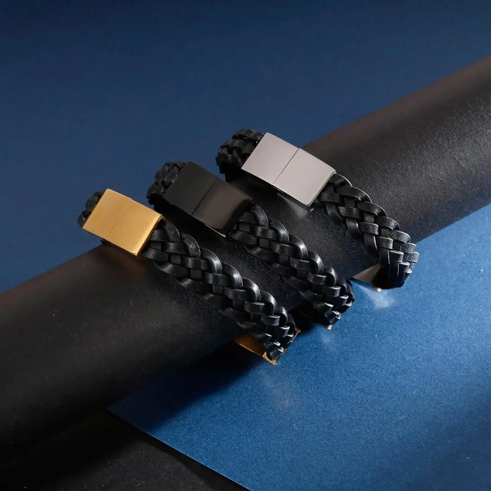 KALEN 21.5cm Black Genuine Leather Bracelet Men Stainless Steel Hip Hop Biker Bracelet Jewelry