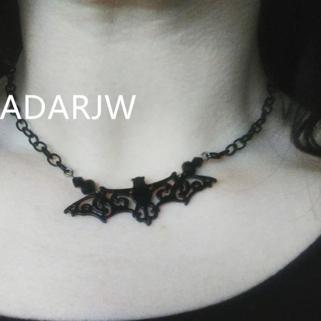 Gothic bat necklace black filigree black crystal darkness jewelry delicacy grace vampire Halloween fashion pendant women gift