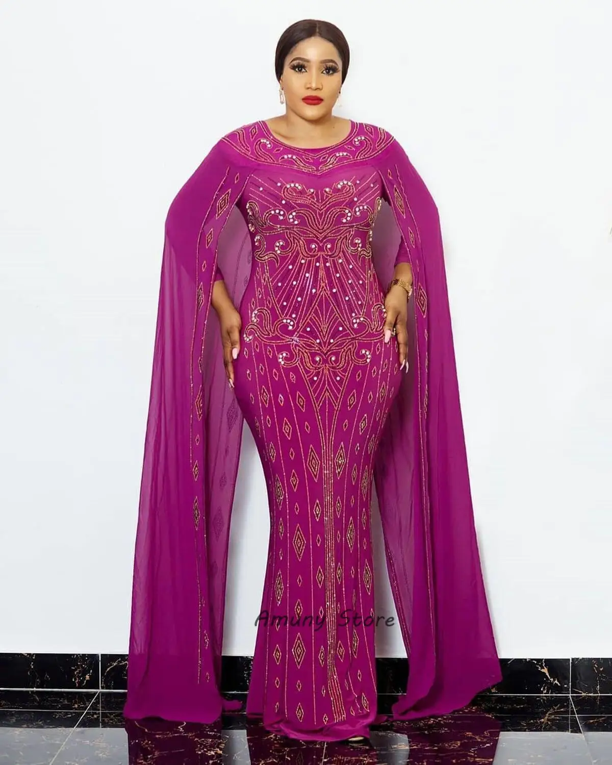 African Woman Dress Hot Fix Rhinestone Beading Cloak Decoration Chiffon Polyester Plus Size Stretch Fishtail Long Dress