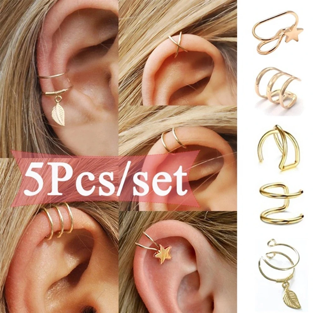 Ear Cuffs Leaf Star Clip Ring Earrings for Women No Piercing Fake Cartilage Earring Studs Ear Stud Set Clip Cuff