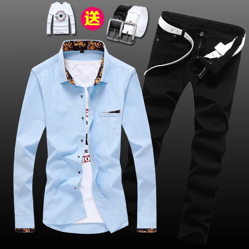 Spring Autumn Men\'s Long Sleeve Shirt Pencil Pants Jeans Slim Fit 2pcs Set Casual Shirts Trousers for Male Clothing