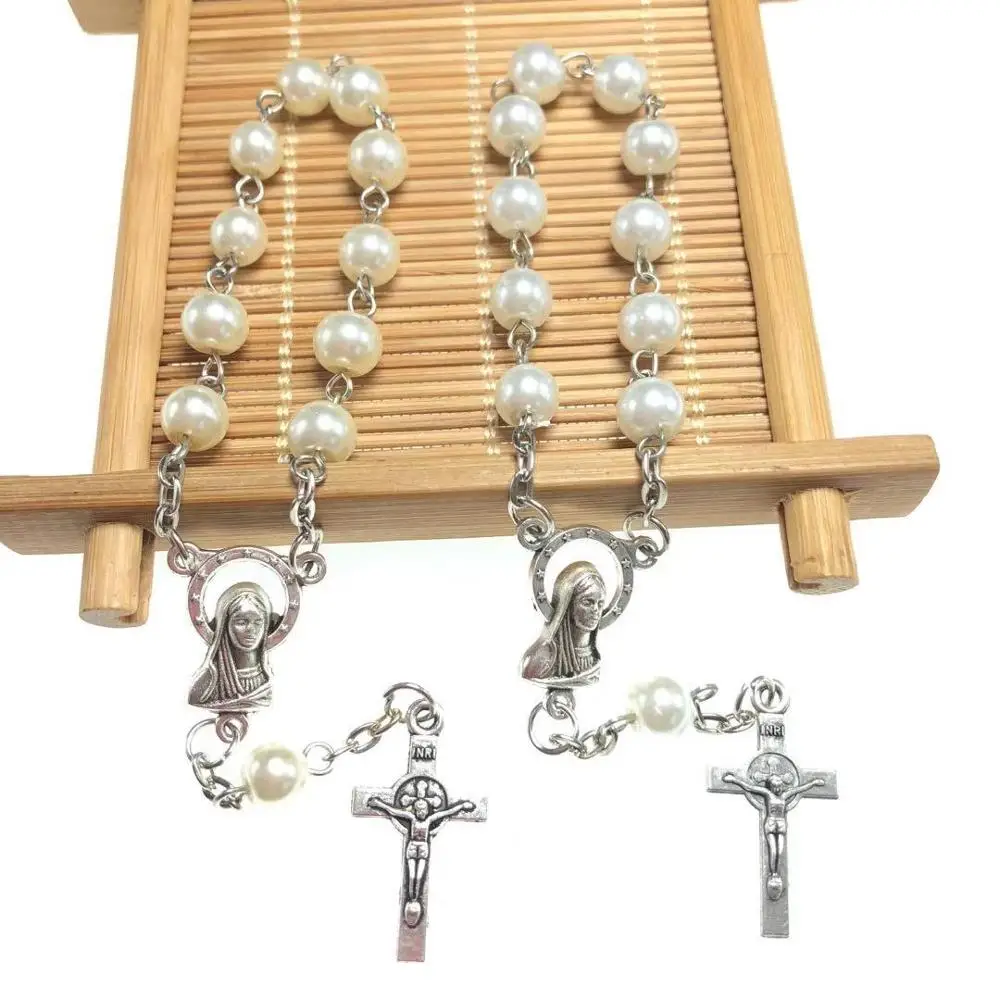 10pcs/pack 6mm  glass bead rosary bracelet,religious catholic bracelets with Virgin Mary centerpiece and alloy benedict cross