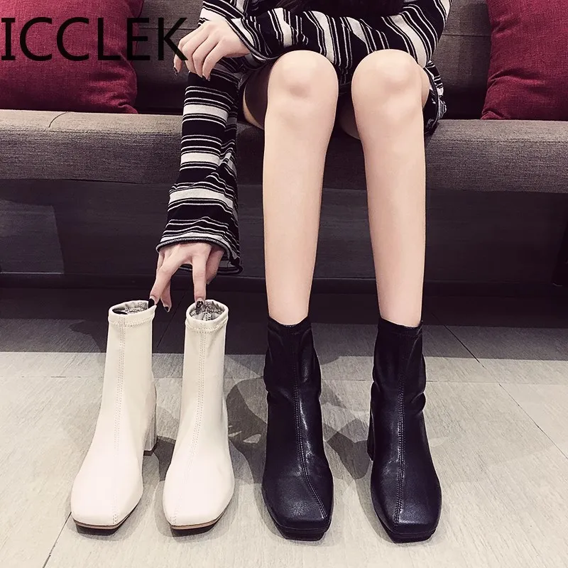 2020 Autumn New Women Boots Leather Sock Boots 6 CM High Heel Square Toe Fashion Lady Casual Pumps Boots Shoes