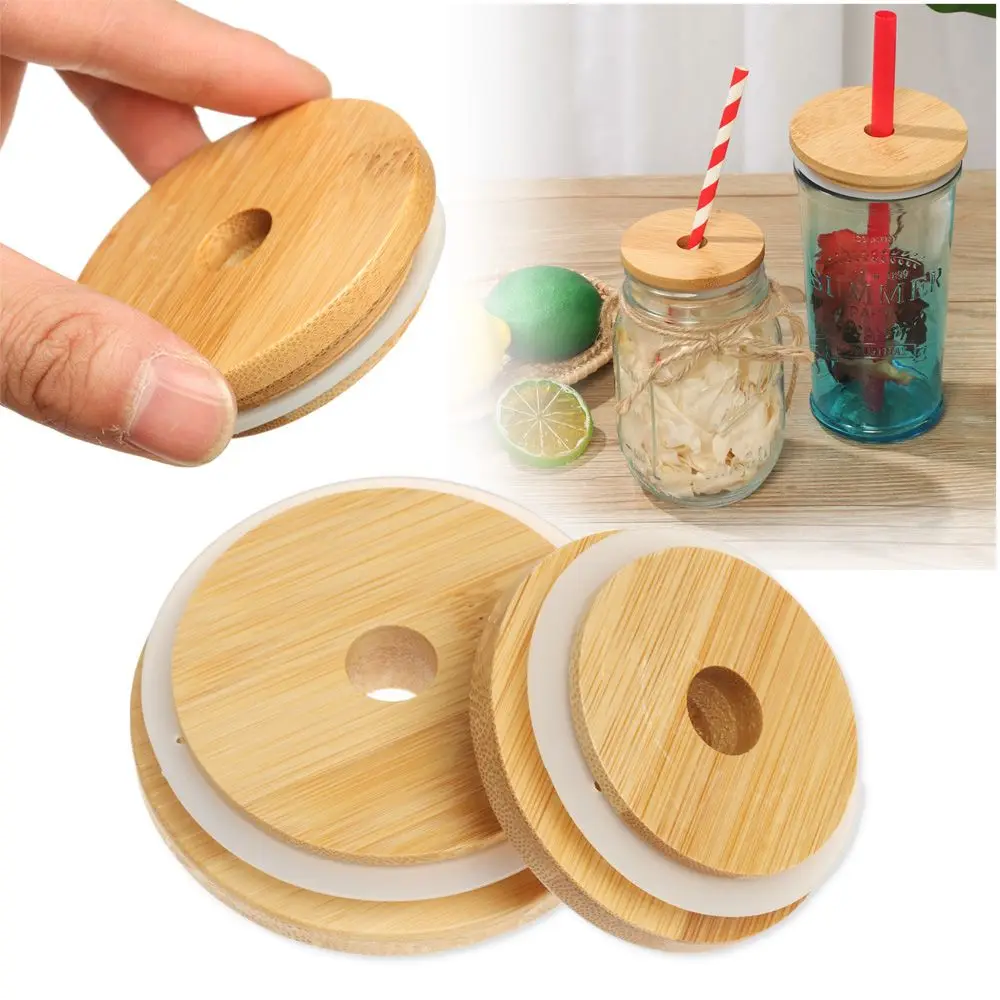 Reusable Storage Bottles Silicone Seal Ring Mason Jar Lid Wide Mouth Cup With Straw Hole Bamboo Wood Lids