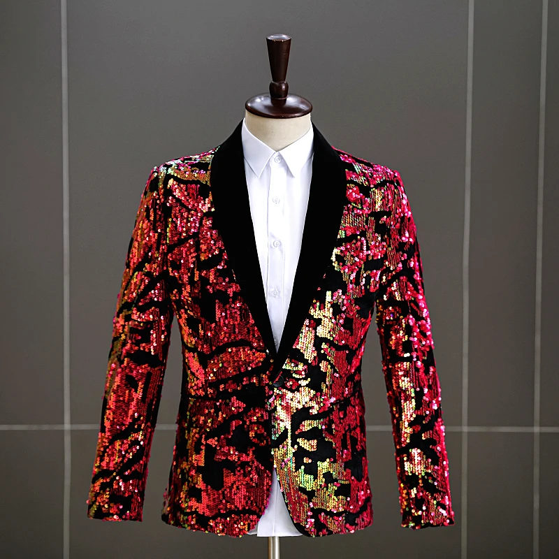 Men Slim Blazer Shiny Gold Sequins Tuxedo Wedding Groom Singer Prom Glitter Suit Jacket Formal Evening Party Host Stage Costume
