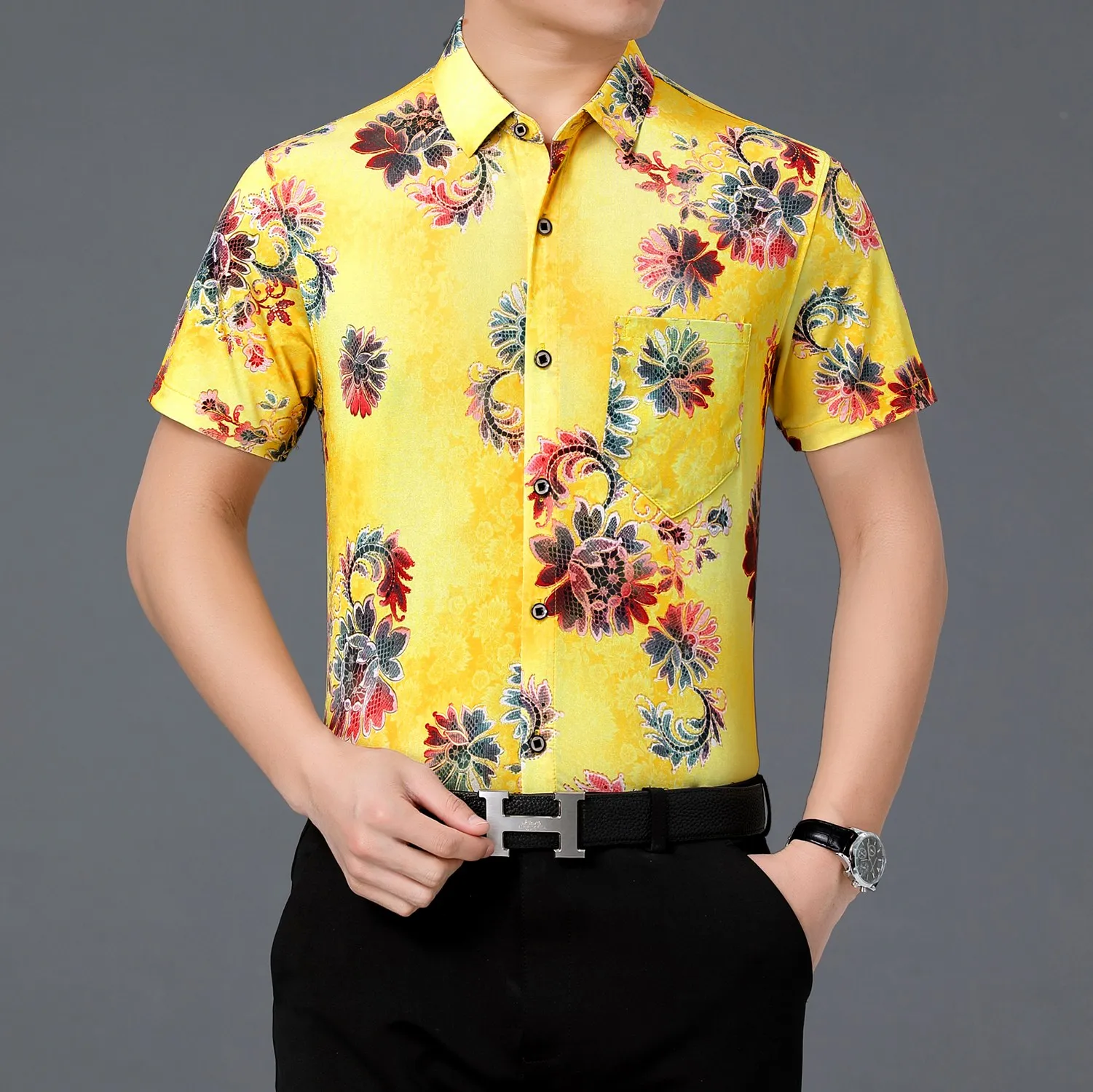 

Summer Men's Floral Printed Silk Shirts Male Flowers Streetwear Short Sleeve Printing Clothes Club Clothing Buttons Up