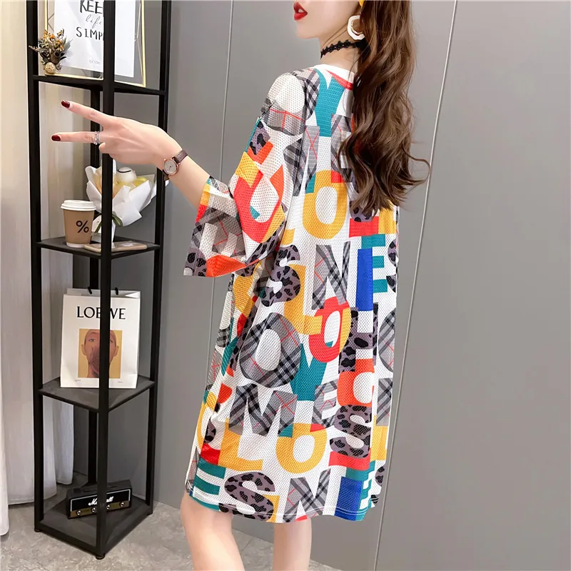 Summer T-Shirt Dress Female Fashion Short-Sleeved Mesh Ice Silk Loose Dresses Lady Digital Printing Half-Sleeve Tops Clothes