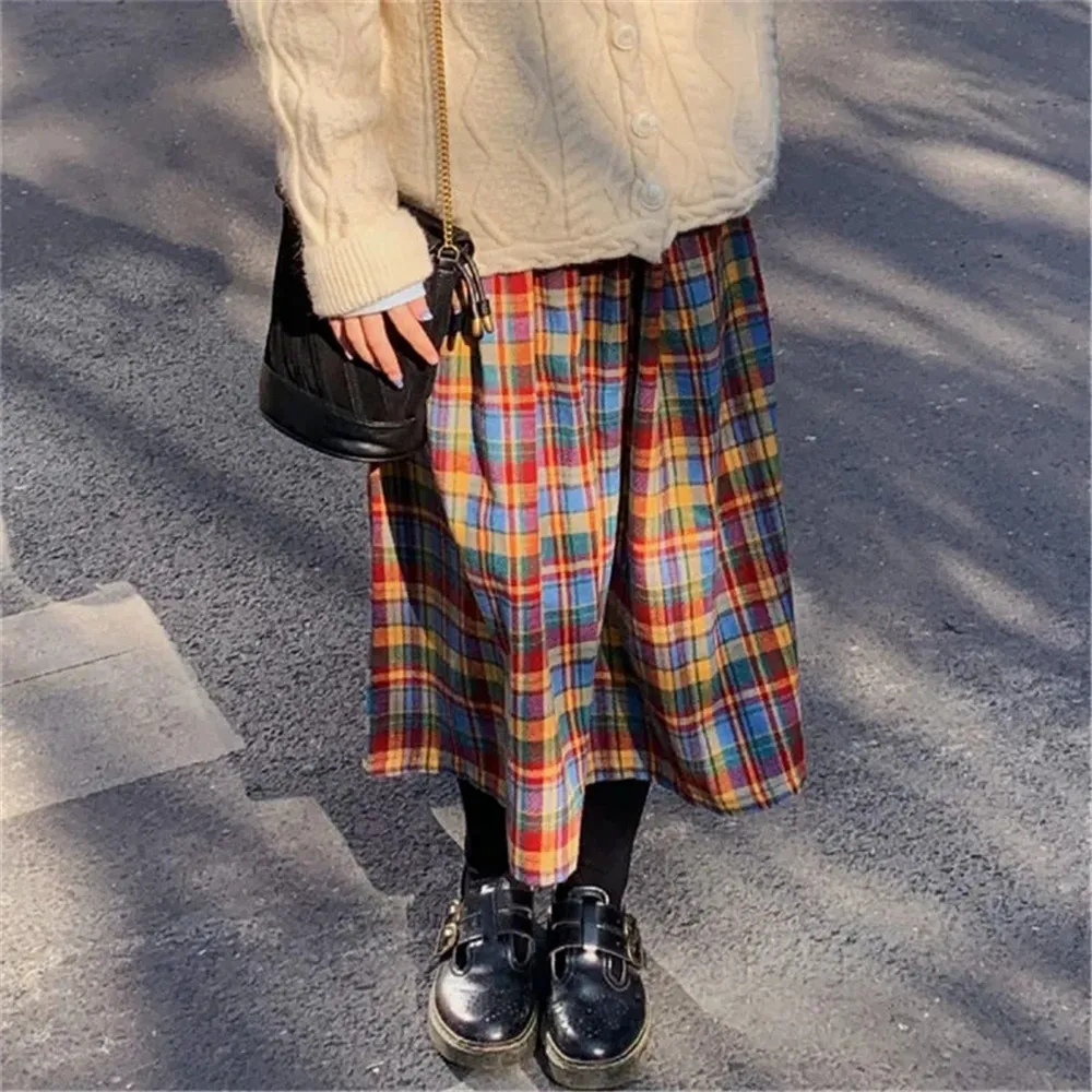 Japanese Rainbow High Waist A-Line Wool Plaid Skirt Female Students Preppy Style Wild Midi Skirt Women Autumn Long Skirt