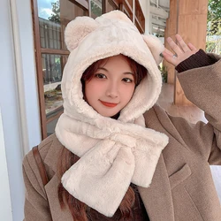 2021 Fashion Winter Women Novelty Beanies Caps Warm Cute Bear Ear Hat Casual Plush Hat Scarf Set Casual Solid Women Caps Present