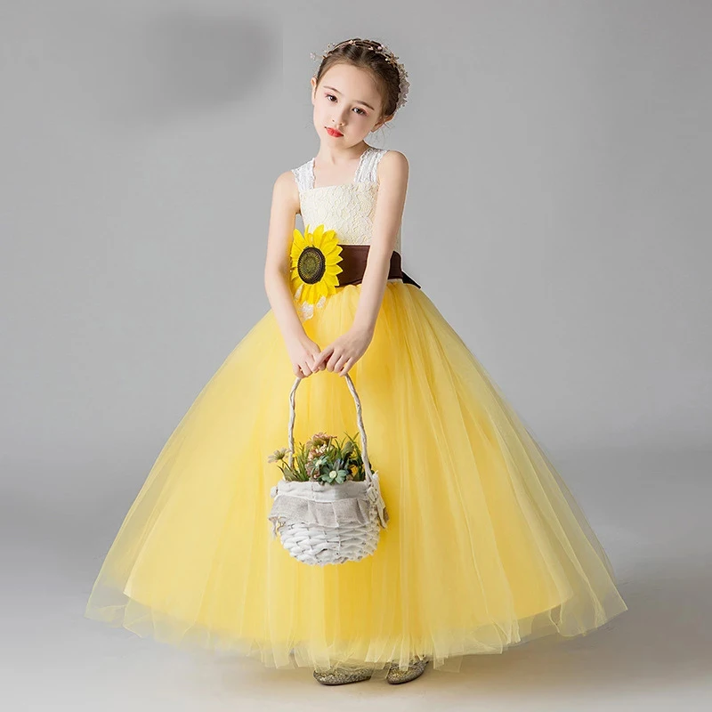 

Flower Girl Dresses for Weddings Yellow Lace Square Collar Girls Princess Dresses New Spaghetti Straps Kids Party Ball Gown