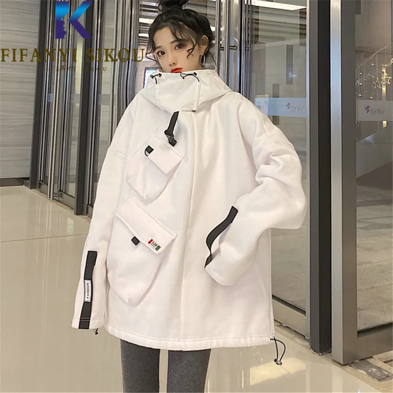 

2021 Autumn Winter Thick Warm Sweatshirt Women Fashion White Hoodies Big Pocket Spliced Loose Pullover Female Hooded Sweatshirts
