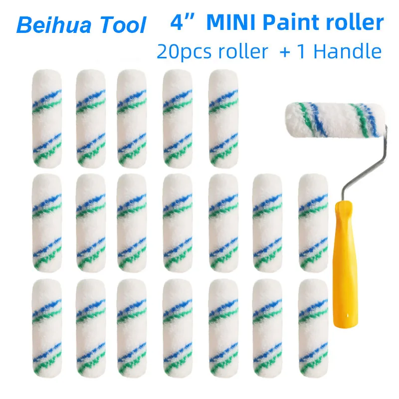 4Inch Verf Roller Borstel 20Pcs En 1 Handvat Mini Roller Kwast Verf Gereedschap Polyester Dutje 10Mm hoek Schilderen Tool