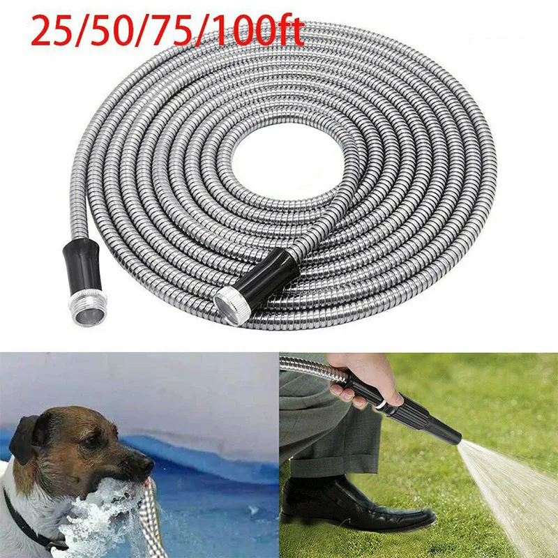 25/50FT Stainless Steel Garden Hose  Flexible Pipes For Garden Green Plants Watering Hoses HoUsehold Car Cleaning Water Pipe