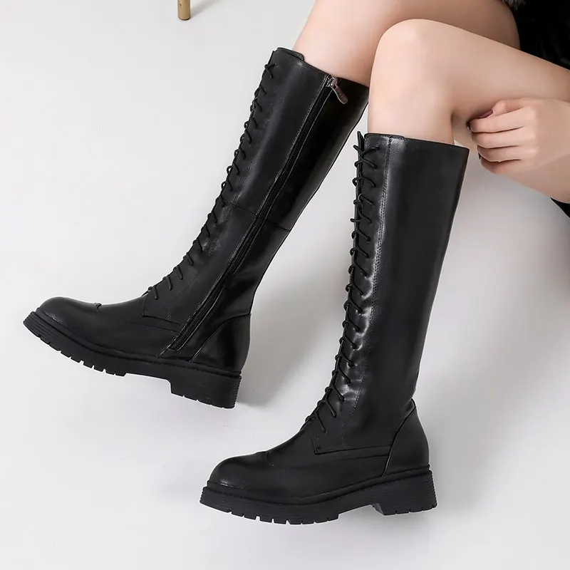 MORAZORA 2024 New Genuine leather boots women shoes lace up warm winter boots nature sheep wool mid calf boots ladies botas