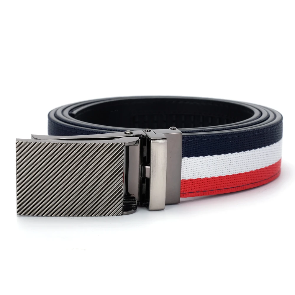 Fashion Men\'s Casual Striped Cloth Fabric Canvas Auotomatic Leather Ratchet Belt Strap Leather Red White Blue Mixed Color Belt