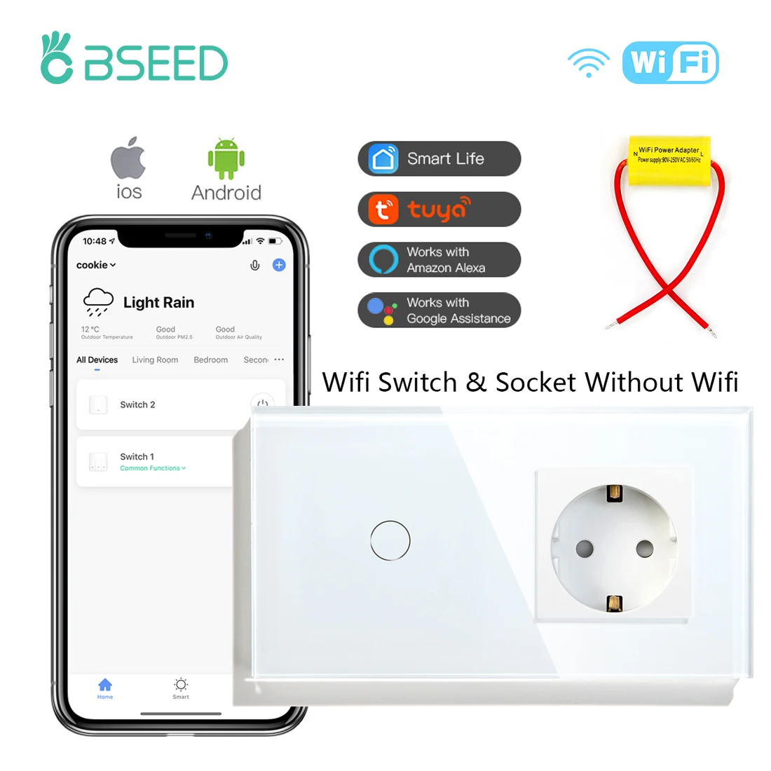 

BSEED WIFI Wall Light Switches 1/2/3Gang 1Way Single Live Wire Tuya Google Home Smart Wireless Control With EU Socket No Wifi