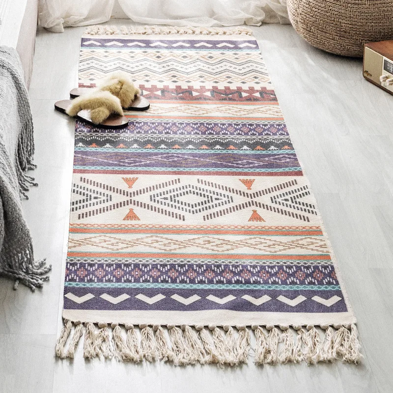Cotton Linen Household Carpet Rectangle With Tassels Vintage Style Floor Carpet Bay Window Balcony Decoration Carpet 60x90cm