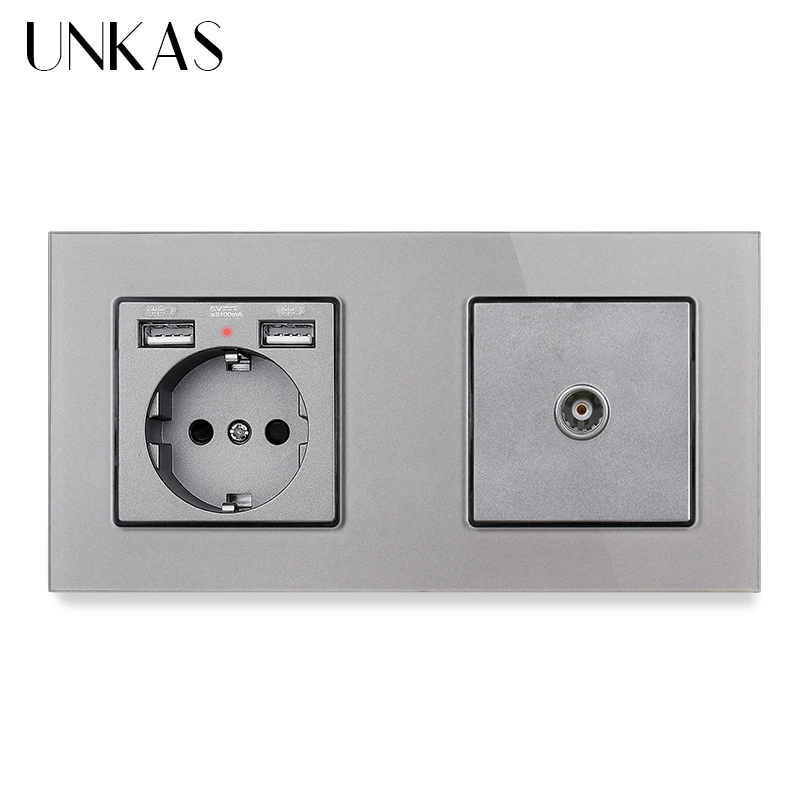 UNKAS Gray Crystal Glass Panel EU Standard Electric Socket With 2 USB + Female TV Connector 172 * 86mm Enchufe Pared Grey