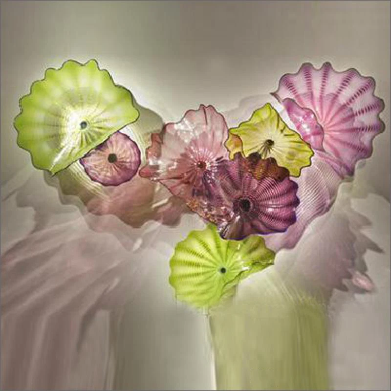 7 PCS Modern Pink Green Flower Murano Glass Plate Elegant Wall Art Living Room Indoor Home Wall Art Decoration