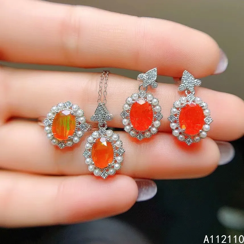 Fine Jewelry 925 Pure Silver Inset With Natural Gem Women's Luxury Fashion Plant Pearl Fire Opal Pendant Ring Earring Set Suppor