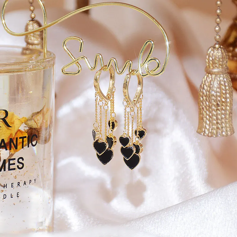 Korean Plating 14k Real Gold Minimalist Retro Black Heart Charm Earrings Tassel Temperament Luxury Delicate Romantic Earrings