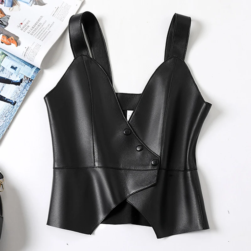 Chic Leather Sexy Sling Vest Women Harajuku V-neck Slim Sleeveless Feminial Black Real Sheekskin Cropped Top Waistcoat