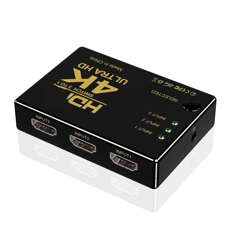 Commutateur compatible HDMI, avec trois entrées et une sortie, type rectangulaire, 4K * 2K, avec télécommande