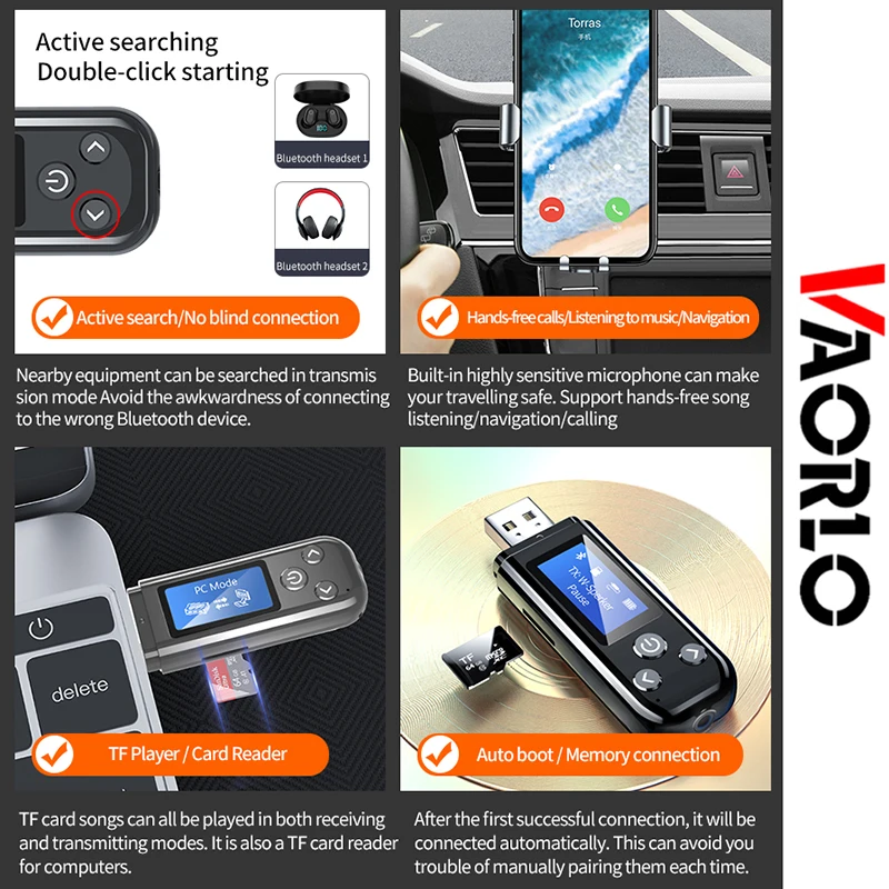 VAORLO LCD 디스플레이 USB 블루투스 5.0 오디오 어댑터, 내장 배터리, 3.5mm RCA USB TF 스테레오 음악, PC TV 자동차 무선 동글