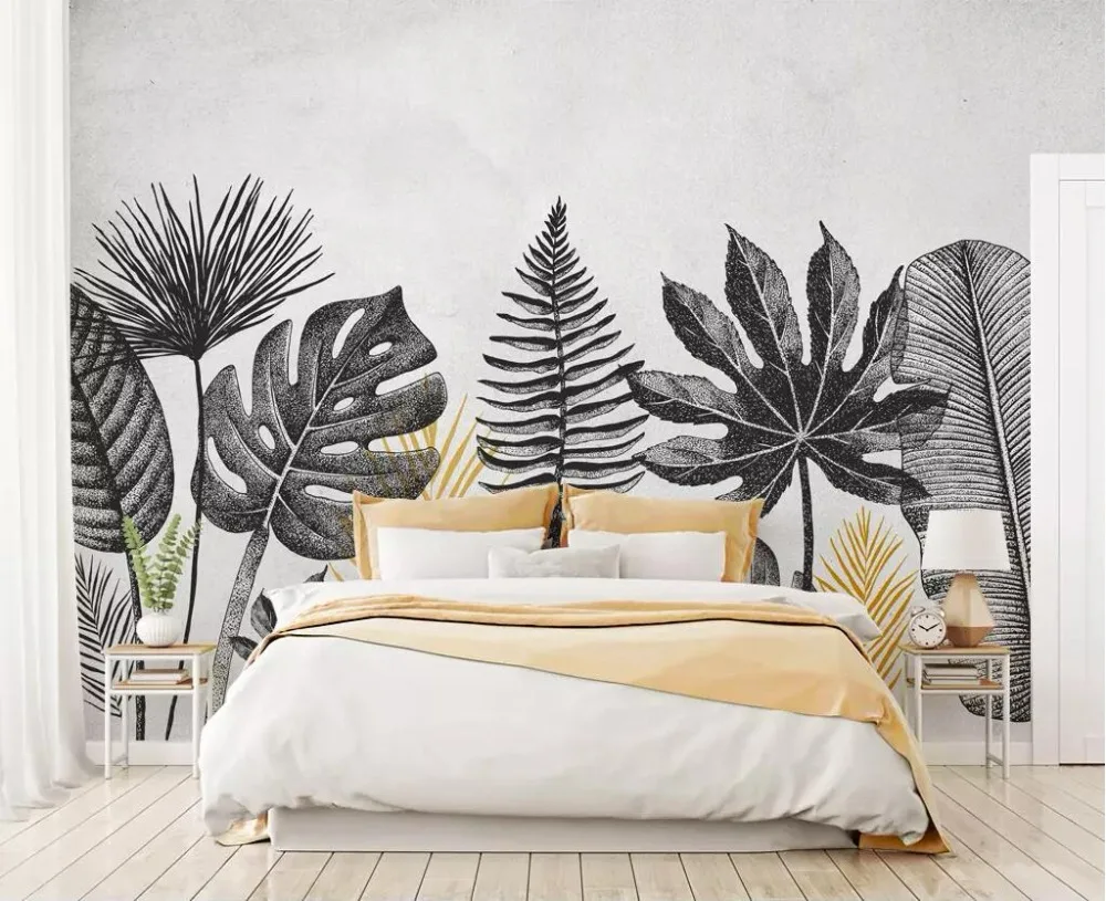 

Bacal Modern European type revives ancient nostalgic black banana leaf white wall sitting room setting draws 3D wallpaper mural