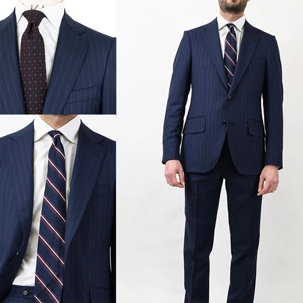 Trajes de boda a medida para hombre, esmoquin a rayas finas con solapa de pico, ropa de novio, traje informal de negocios, chaqueta y pantalones, 2 piezas, 2020