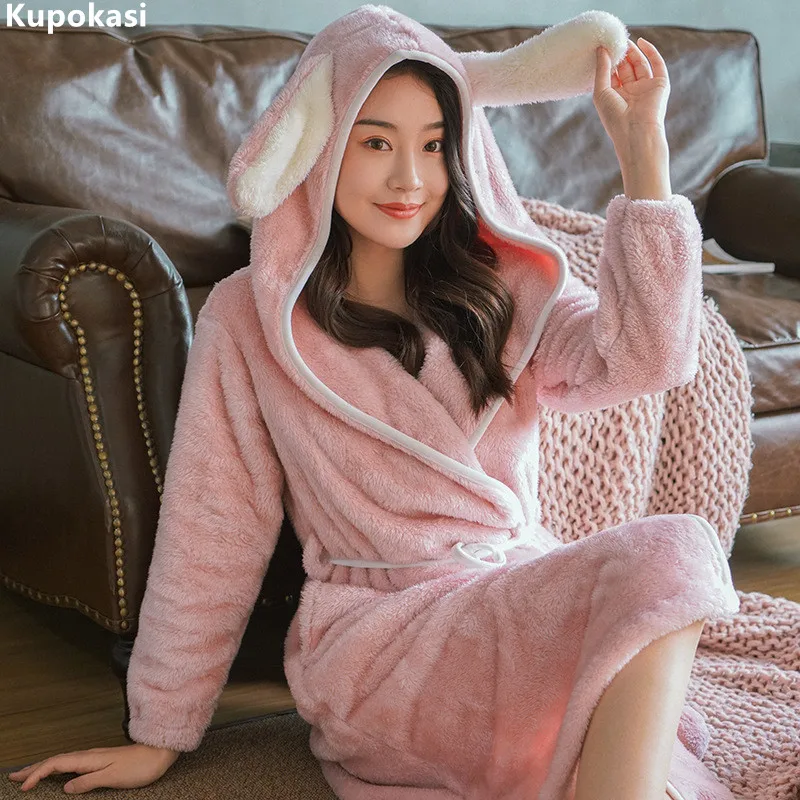 Kupokasi Winter Warm Thicken Robe Flannel Long Sleeve Nightwear Woman Cartoon Cute Leisure Animal Thick Pajamas Sleepwear