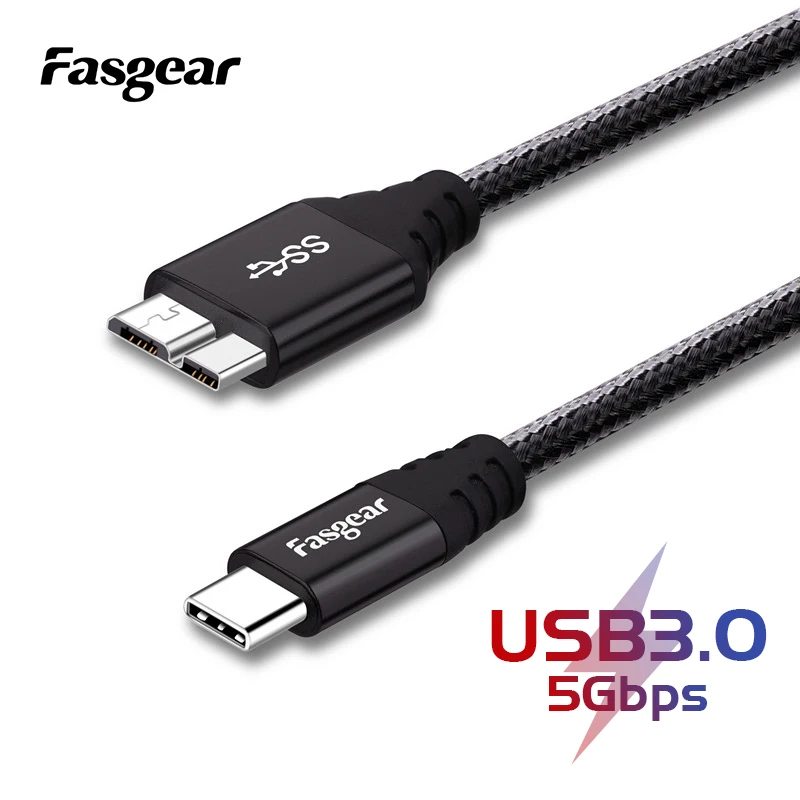 Fasgear-Cable Micro B USB C 3,0, Cable de sincronización de datos rápida de 5Gbps para disco duro externo Samsung, Macbook WD, Toshiba, Cables USB