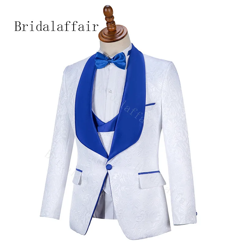 Bridalaffair 화이트 자카드 턱시도 Groomsmen 웨딩 정장 3 조각 세트 다채로운 레드 부르고뉴 블랙 블루 옷깃 바지 의상