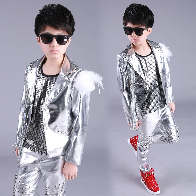 Hip Hop Costume Boys Silver Sequin Fringed Jacket Children Street Dancing Clothing Jazz Stage Wear Birthday Outfits Kids DN4975