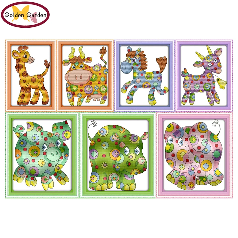 

GG Colorful Animal Counted Cross Stitch Embroidery Sets 11CT 14CT DIY Kits Needlework Cartoon Cross Stitching Pattern for Kids