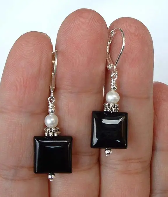 Favorite Pearl Jewelry New Classic Black Onyx White Freshwater Pearl S925 Sterling Silver Dangle Earrings Leverback Earring