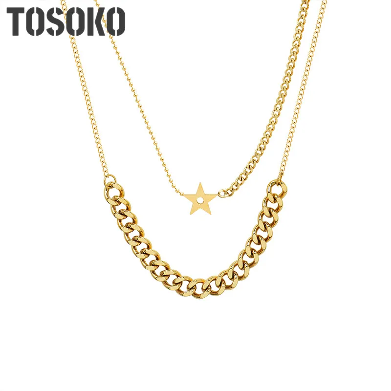 

TOSOKO Stainless Steel Jewelry Star Pendant Thick Chain Pendant Double Layered Necklace BSP935