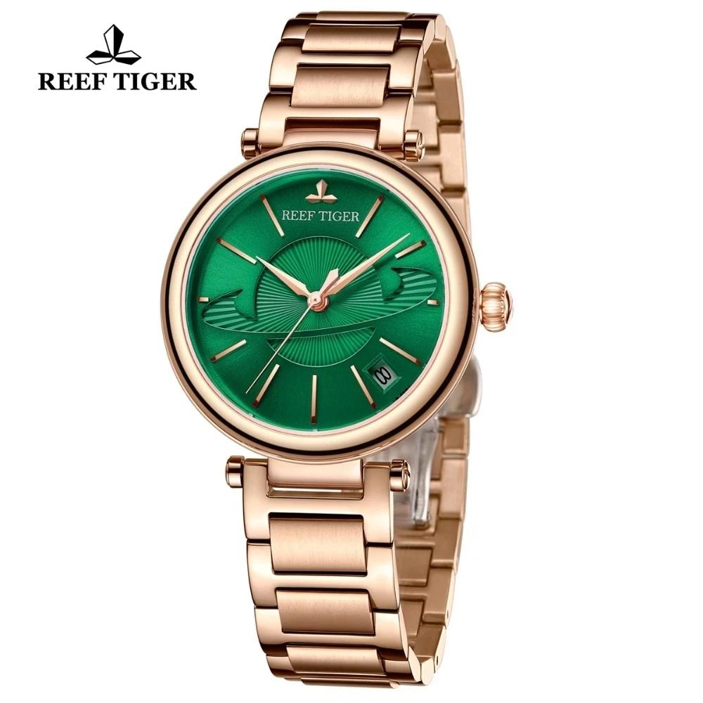 Reef Tiger/RT Top Brand Luxury Women Watch Rose Gold Green Exquisite Watches Designer Automatic Mechanical Watch reloj mujer